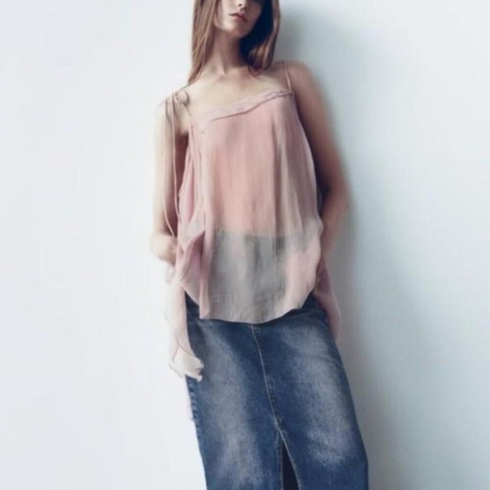 ZARA Pink Semi-Sheer Boho Flowy Blouse NWOT